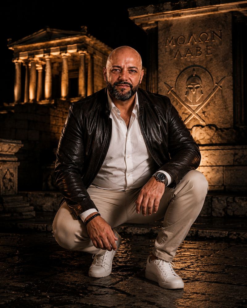 Athanasios Panagiotopoulos, Porträt vor beleuchtetem Tempel